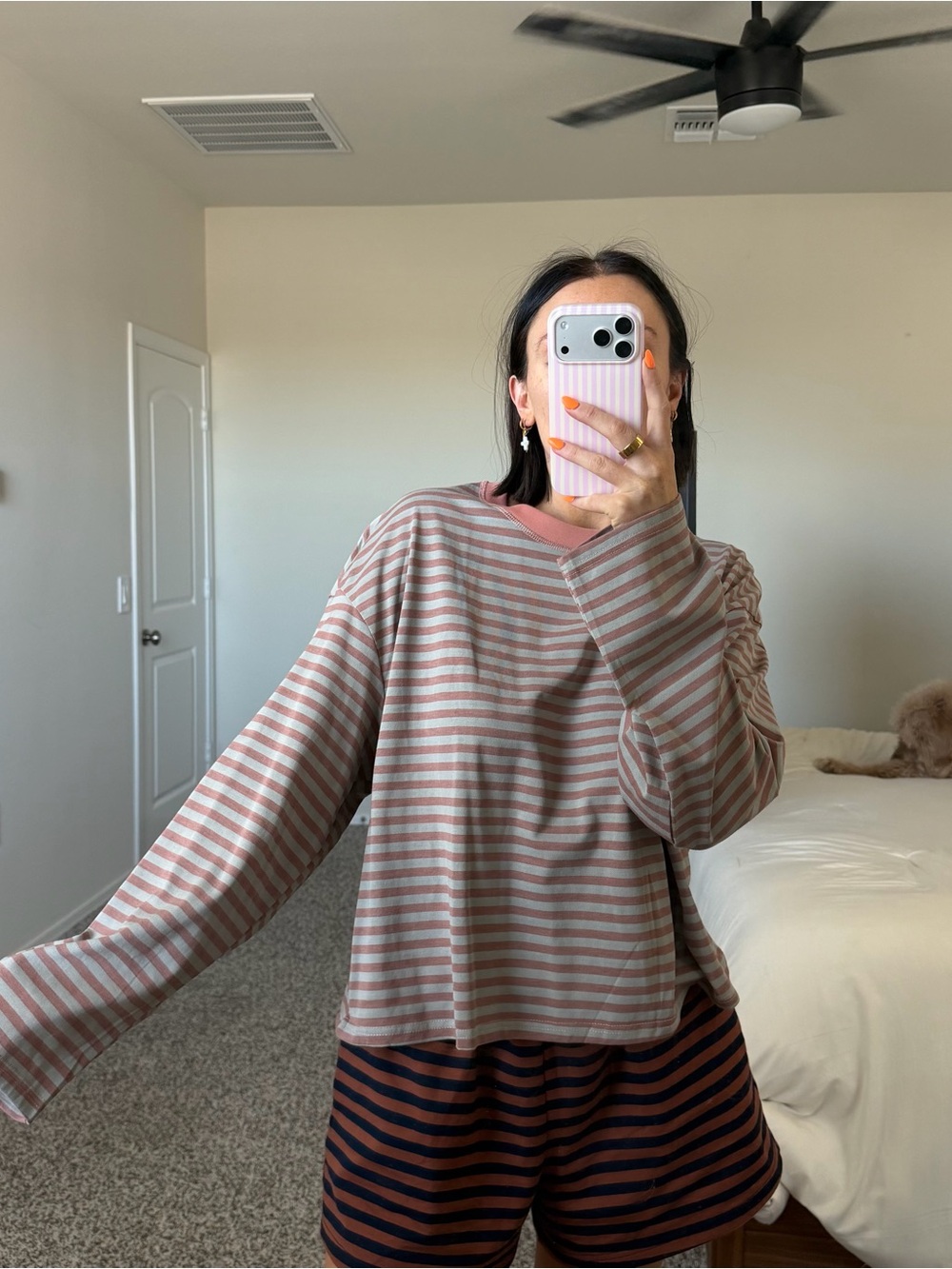 Pink and gray striped long sleeve tee